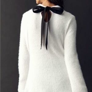 Maeve White Fuzzy Tie-Back Sweater with Black Ribbon
